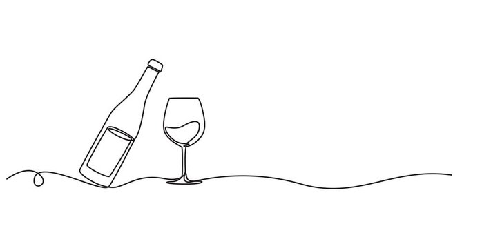 Animated self drawing of continuous line draw of  Bottle of wine with wineglass . Full length one line animation. 4K, Self-drawing of a bottle of wine and a groan of grapes in one line on a white back