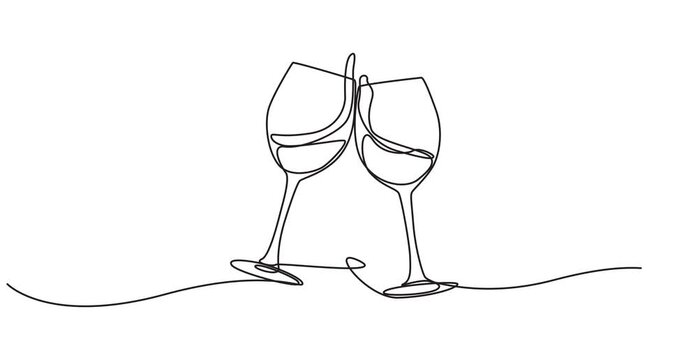 Animated self drawing of continuous line draw of  Bottle of wine with wineglass . Full length one line animation. 4K, Self-drawing of a bottle of wine and a groan of grapes in one line on a white back