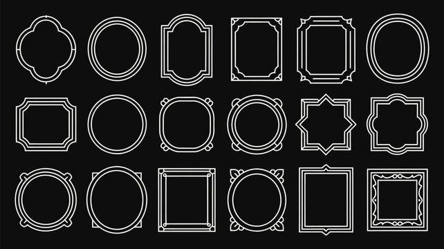 Vintage line frame set with geometric borders round square and oval chalk style badges isolated on black background illustration