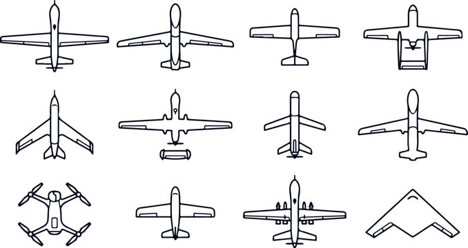 Collection of military and reconnaissance drones and airplanes in a simple line art style.
