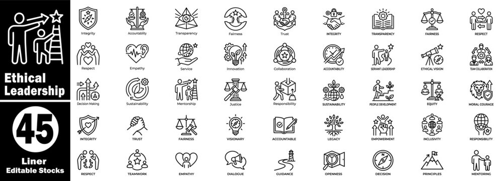 Ethical leadership liner icon. Collection with 45 editable stocks, integrity, accountability, transparency, fairness, and trust vector illustrations.