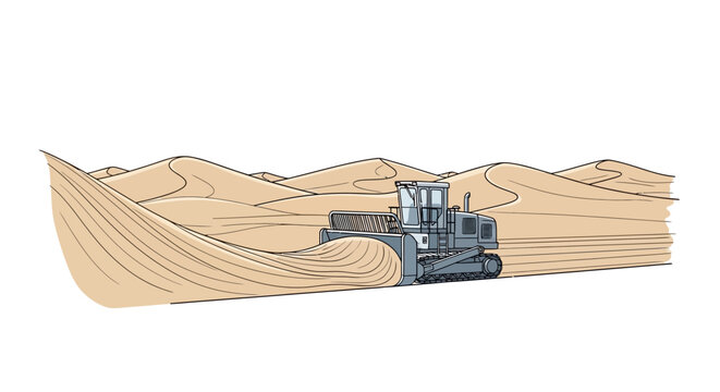 Bulldozer leveling sand dunes in desert landscape, construction, earthmoving, heavy machinery.