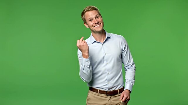 Young man beckoning with hand gesture on green screen background, for use male invitation