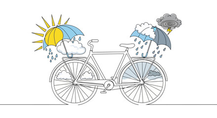 Fototapeta premium Bicycle with contrasting weather: sun and rain, storm clouds with lightning