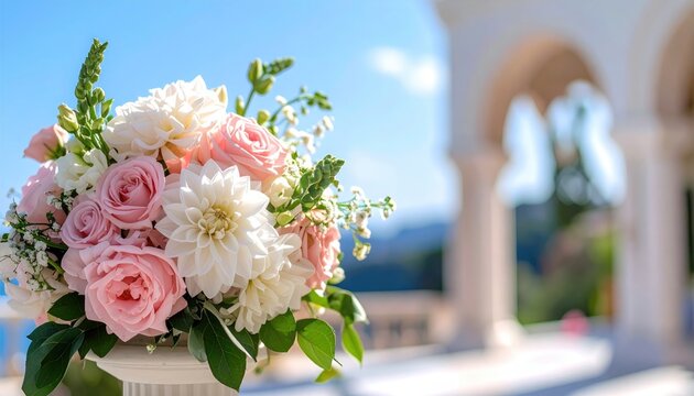 Soft pink and white roses, dahlias, and greenery arranged in a bouquet
