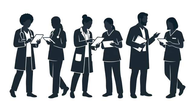 Diverse Doctors Using Tablets Team Working Together Flat Minimal Vector Silhouette Healthcare Illustration
