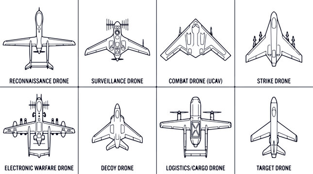 Set of eight drone illustrations top view reconnaissance surveillance combat strike electronic warfare decoy logistics.
