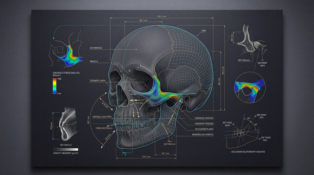 Intricate digital analysis of human skull structure showing critical stress loads and jaw mechanics