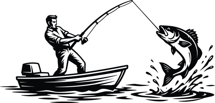 Fisherman on boat catching big fish vector illustration, angler reeled in jumping bass fish from small motorboat, vintage line art fishing sport concept