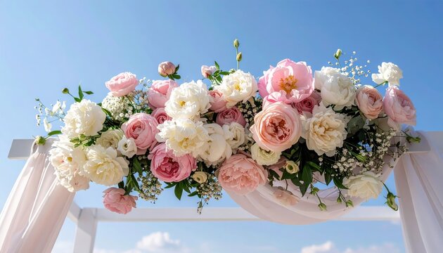 Romantic floral arch adorned with roses and baby's breath against a clear sky