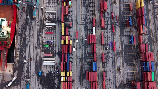 High above the bustling port in Nova Scotia, colorful containers create a striking pattern. Workers ensure smooth operations as ships await their turn to dock