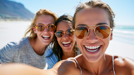 Obraz premium Friends enjoying a sunny beach day with laughter and joy at a stunning seaside location