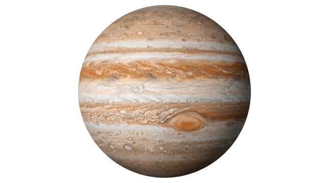 Giant gaseous planet jupiter with swirling colorful atmospheric bands and iconic great red spot texture.