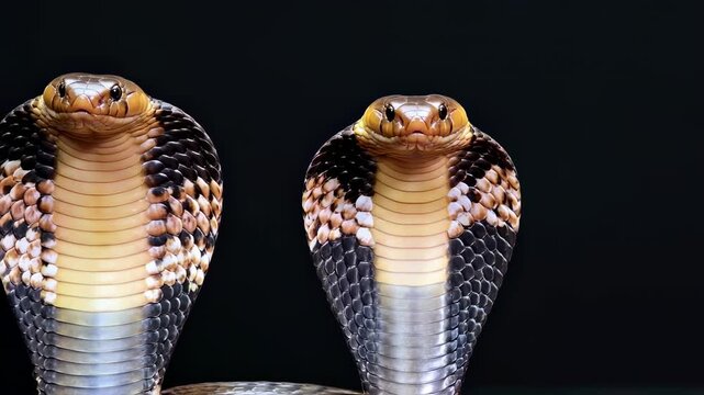 Two cobra snakes with detailed scales against a black background