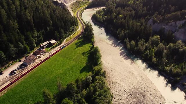  Aerial View of Chur Switzerland River Valley and Green Hills Landscape