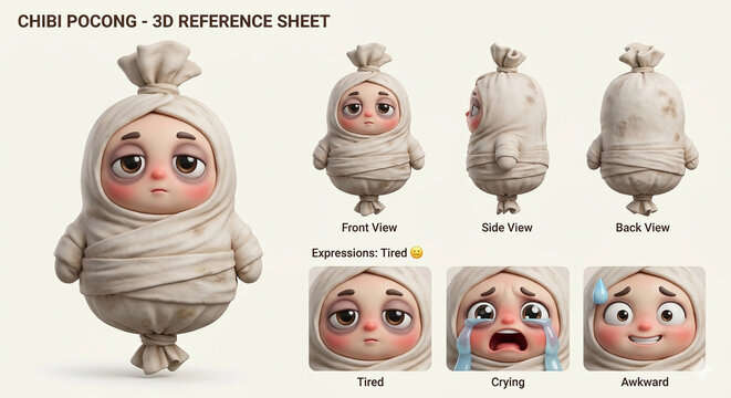 Chibi Pocong 3D Character Reference Sheet with Multiple Expressions and Views