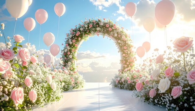 Romantic floral archway with pink balloons and roses under a sunny sky