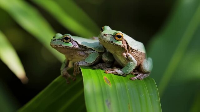Two small green and brown frogs sit perched on a vibrant green leaf
