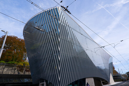 Scenic view of newly built modern office building by AXA investment foundation designed by Santiago Calatrava architect at Swiss city of Zurich. Photo taken October 29th, 2025, Zurich, Switzerland.
