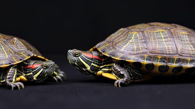 Two small turtles with intricate patterns on a black background