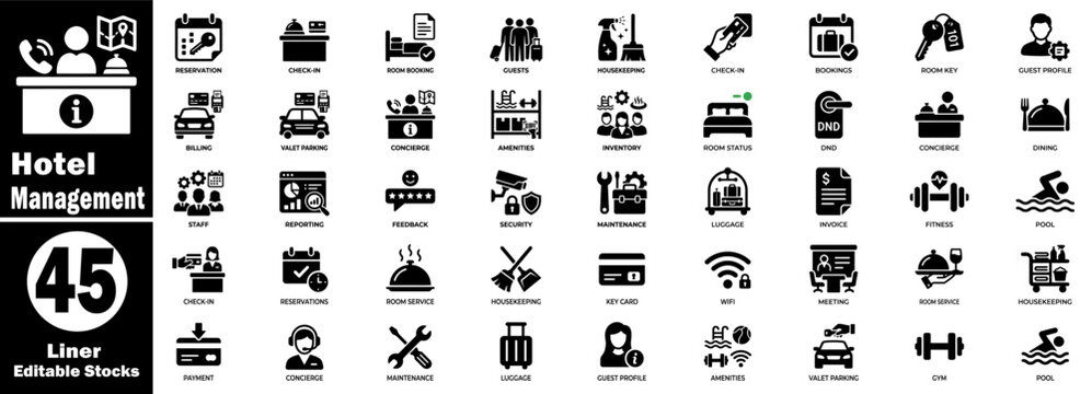 Hotel management solid icons. A collection representing services and operations of the hospitality industry business.