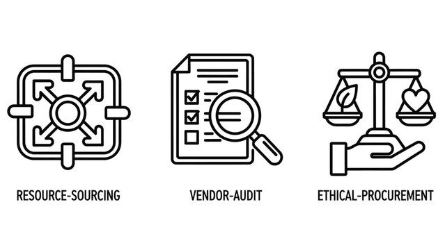 Ethical procurement and supply chain management icons with procurement sourcing management resources business checklist magnifying compliance verification standards responsibility corporate
