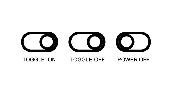 Set of UI toggle switch icons for on off and power status with interface software technology activation interactive minimalist clickable selection application platform configuration