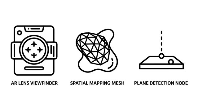 Augmented reality technology icons featuring ar lens spatial mesh and plane detection augmented detection technology viewfinder innovation interface geometric wireframe software development