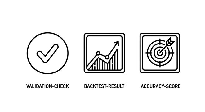Performance analysis and accuracy score icon set with validation accuracy backtest analysis performance business statistics assessment progress development financial strategy evaluation