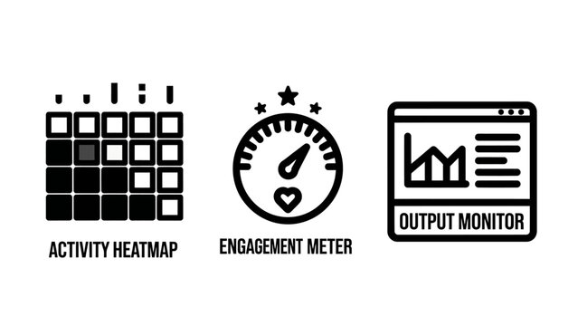 Digital analytics icons including activity heatmap engagement meter output monitor with analytics engagement dashboard performance internet business statistics tracking information analysis