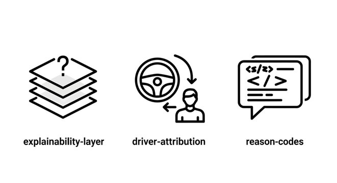 Artificial intelligence and data explainability line icons set with artificial intelligence explainability attribution analysis algorithm software technology automation computing reasoning