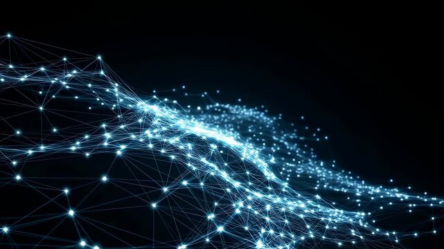 Abstract digital network connections flowing across a dark background. Represents the concept of data transfer, technology, and connectivity in the digital age