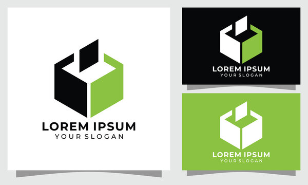 Modern isometric ballot box logo template with paper for e-voting system
