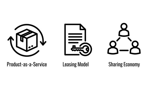 Business model concept icons including product as a service delivery leasing contract and shared economy network business contract collaboration community subscription agreement corporate
