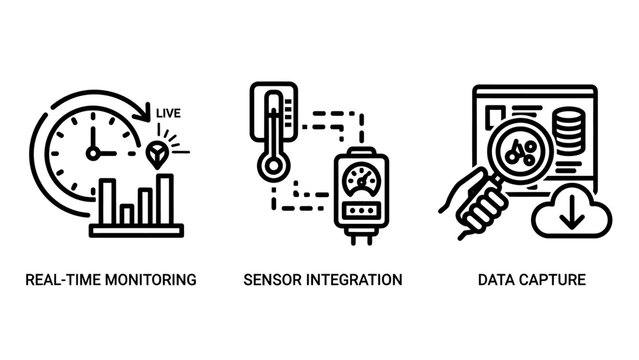 Industrial io t and data analytics line icon set representing real-time monitoring sensor integration cloud data capture monitoring analytics industrial technology integration automation