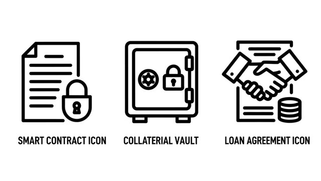 Set of finance and legal icons representing smart contract collateral vault and loan agreement with contract collateral agreement security business document protection transaction handshake