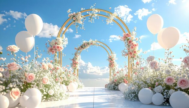 Golden arches adorned with roses and baby's breath, a serene path