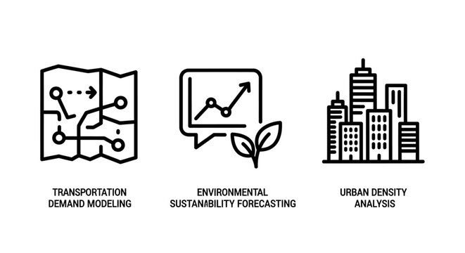 Icons for environmental sustainability forecasting transportation modeling and urban density analysis with sustainability environment modeling analysis transportation forecasting planning
