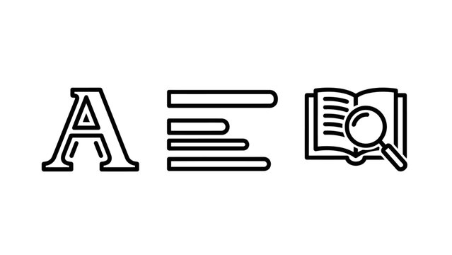 Set of editing icons including typography text alignment and research or reading features with typography alignment research magnifying document formatting analysis education interface