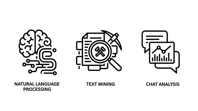 Artificial intelligence and natural language processing icons with artificial intelligence language processing analysis document magnifying technology learning algorithm innovation research