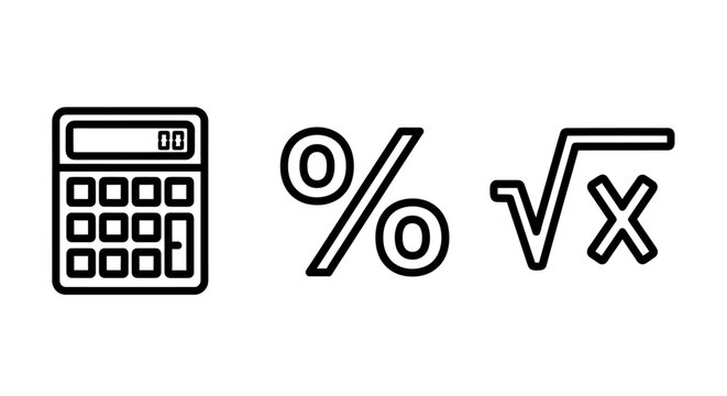 Mathematical and financial calculation icons including calculator percentage and square root symbols with calculator percentage mathematics accounting calculation business equation arithmetic