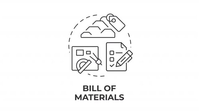 Bill of materials line concept icon animation. Supply chain optimization. Sustainable manufacturing product. Animated outline round motion graphic. Minimal HD video with alpha channel
