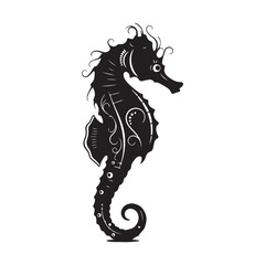 Stylized seahorse silhouette vector with decorative swirls and patterns for nautical design and marine life branding © Zulfa