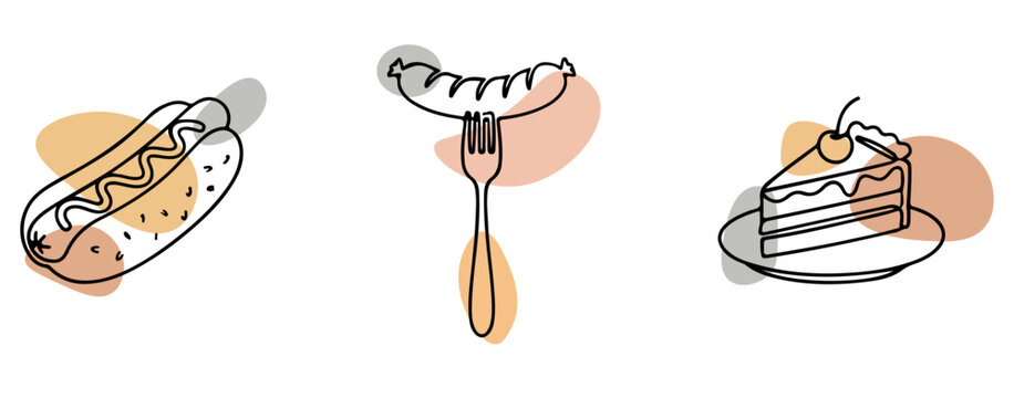 Minimalist line art icons featuring a delicious hot dog a grilled sausage on a fork and a sweet cake slice