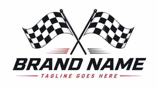 Two crossed checkered racing flags logo design with space for your brand name and custom text below