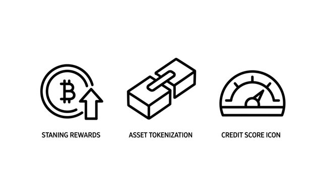 Set of minimalist line icons representing staking rewards asset tokenization and credit score tokenization blockchain investment currency interest business analysis valuation transaction