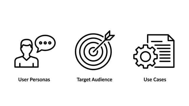 Corporate planning line icons featuring user personas target audience and business use cases customer centric personas audience planning strategy marketing business management customer