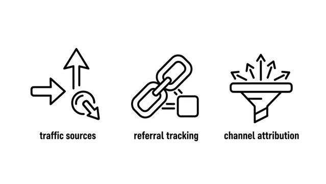 Digital marketing line icons illustrating traffic sources referral tracking and channel attribution referral tracking attribution marketing analytics business internet conversion strategy