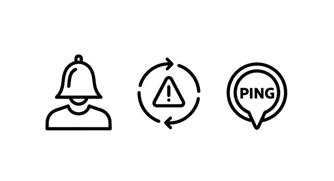 User notification and system ping alert icon set with notification communication attention feedback interface graphics minimalist software application connection interaction management