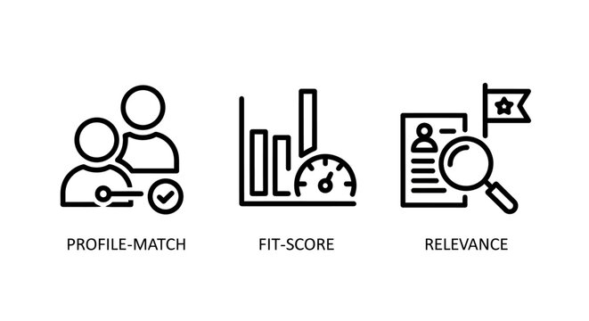 Recruitment and hiring candidate evaluation icon collection with recruitment matching relevance candidate evaluation resources business management performance analysis magnifying assessment